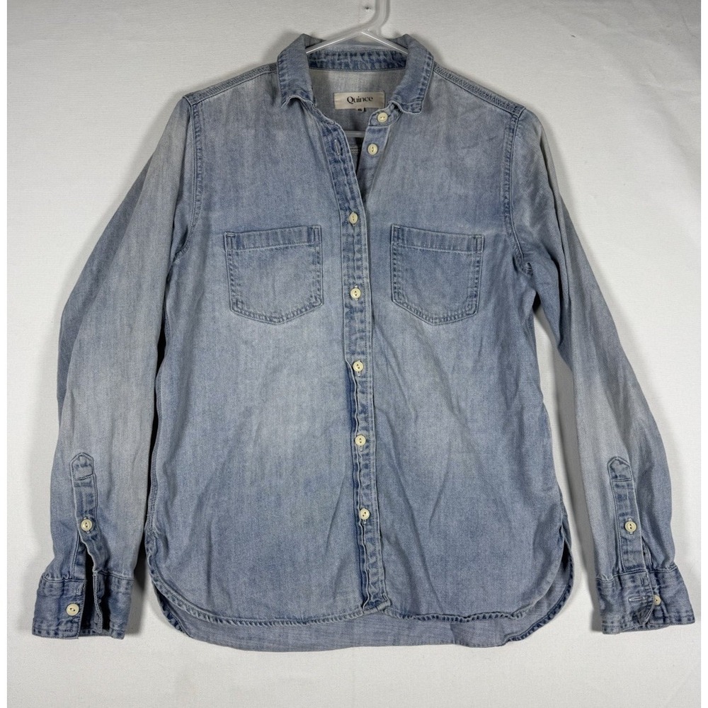 Quince Shirt Womens Small Distressed Denim Top Blue Cowgirl Western 100% Cotton